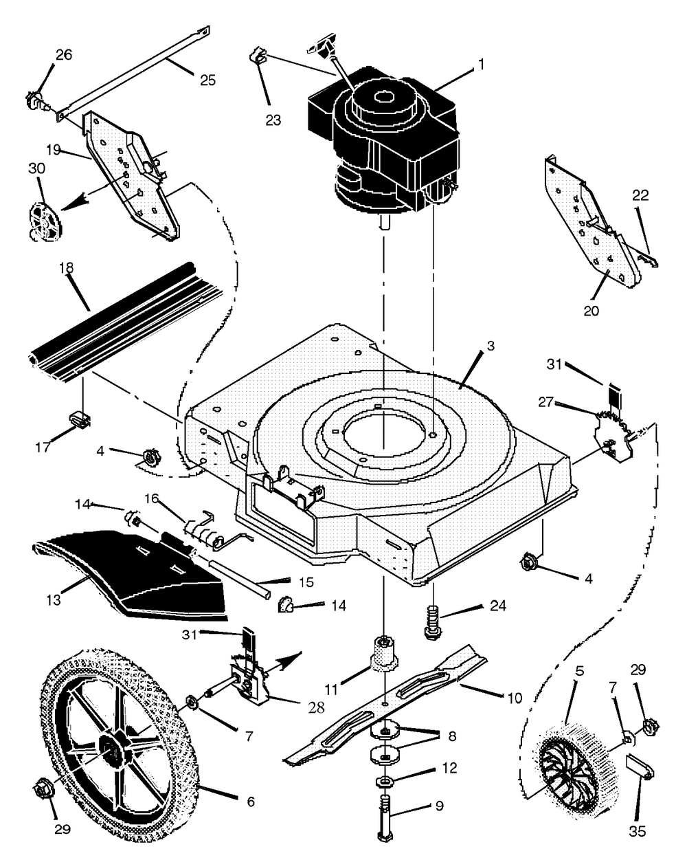 Mower Housing Assembly Diagram and Parts List for 22535X92A 1997 Briggs and Stratton Lawn Mower